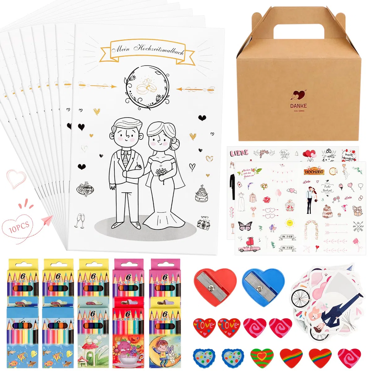 10er Set Gastgeschenke Hochzeit für Kinder,Hochzeitsmalbuch Kinder,Hochzeit Gastgeschenk,Hochzeit Kinder Beschäftigung,mit Buntstifte und Spitzern,Hochzeit Mitgesbel Malbuch für Kinder