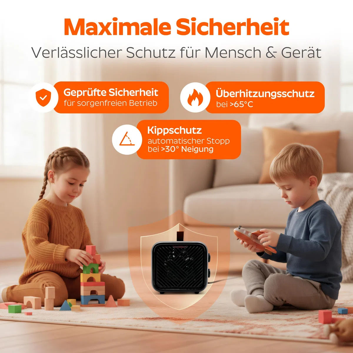 ONBEST 3 in 1 Keramik Elektro Heizlüfter – Elektroheizung klein & leiser Heizungslüfter mit Thermostat (1000/1500 W + 4 W Ventilator), energiesparender elektrischer Heizer/Heizgebläse für Innenräume