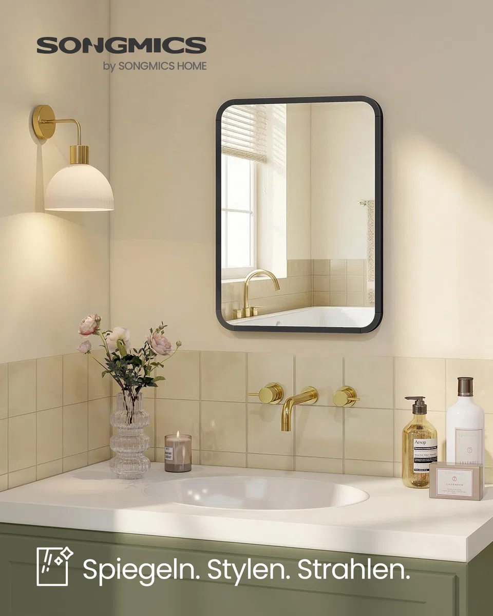 SONGMICS Spiegel für Bad, Wandspiegel, rechteckiger Spiegel, Aluminiumrahmen, 40 x 30 cm, mit Sicherheitsfolie, 2 Aufhängemöglichkeiten, für Wohn-, Schlaf- und Badezimmer, tintenschwarz LWM012BD01