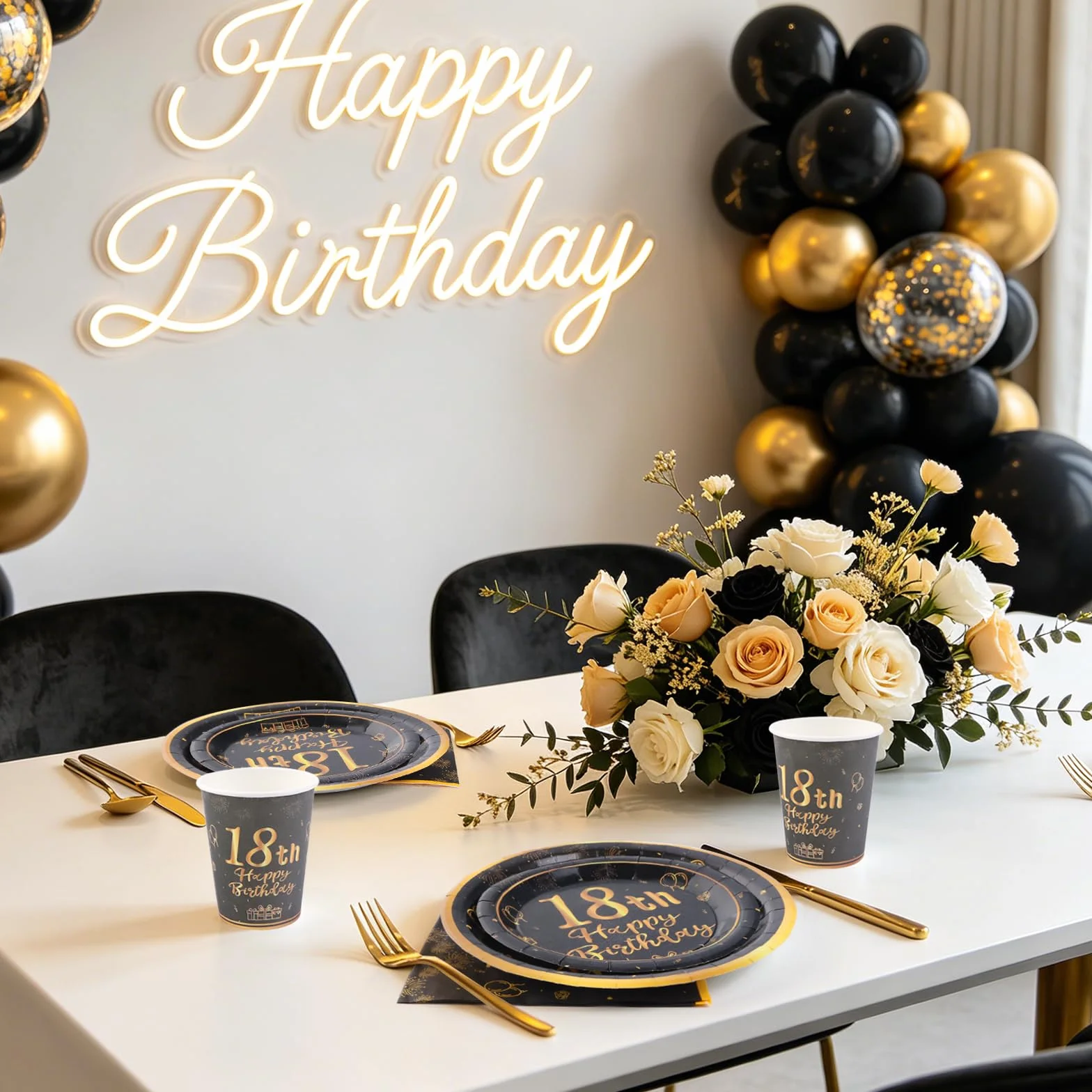 96 Stück Schwarz und Gold Geburtstag Party Geschirr Set für 24 Gäste - 18th Pappteller Set für Kinder Tischdekoration