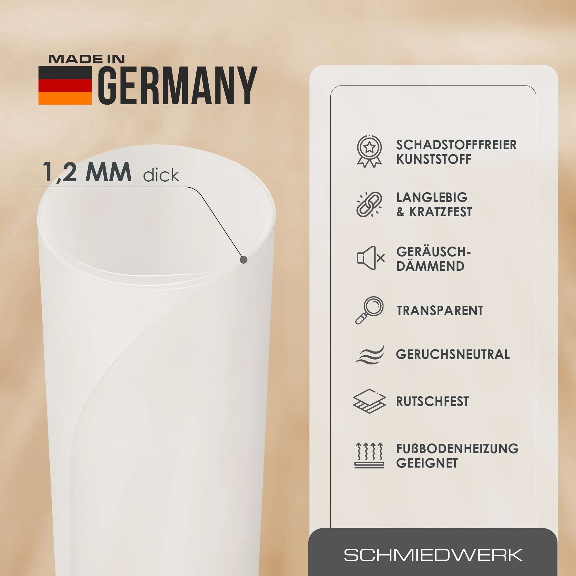 SCHMIEDWERK Bürostuhl Unterlage versch. Größen - Bodenschutzmatte für Schreibtischstuhl Antirutsch in milchweiß | Made in Germany (90x120cm)