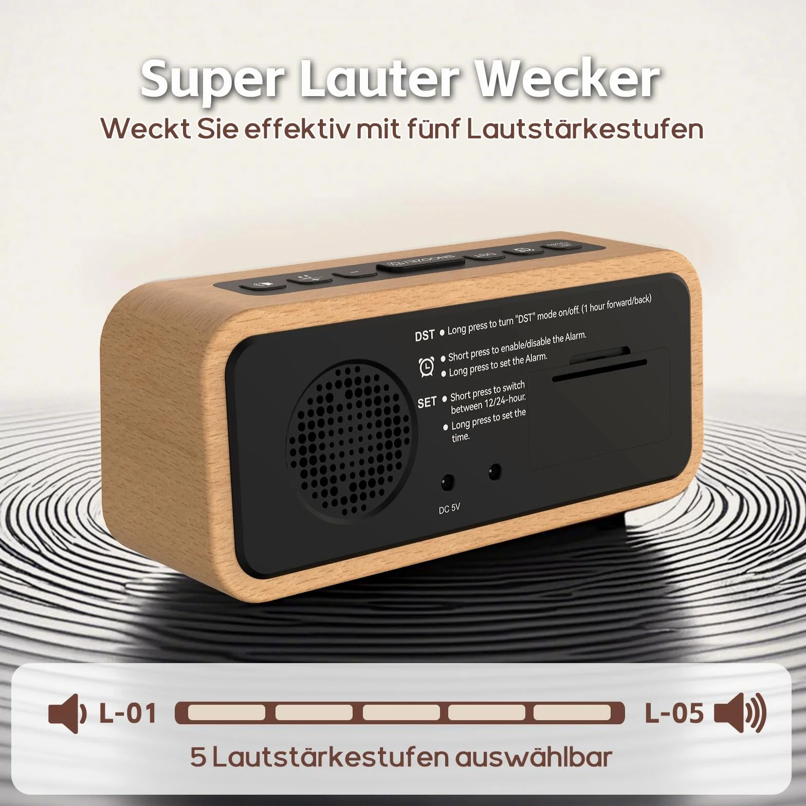Wecker Laut für Tiefschläfer, Digitalwecker Holz mit LED Anzeige, 12 Alarm-Klingeltöne, 5 Helligkeit Einstellbar, 5 Lautstärken, Manuelles DST, Braun Wecker Retro für Schlafzimmer (Buche-Weiß)