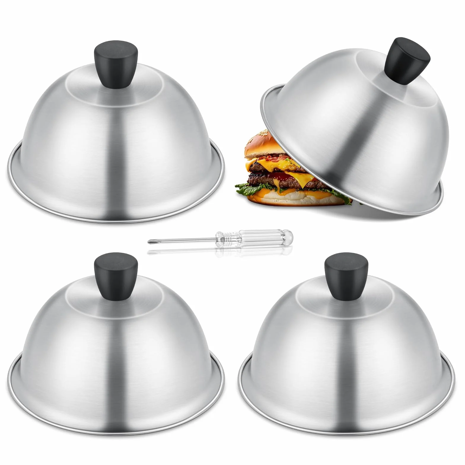 TEAMFAR Burgerglocke, 4 Stück Edelstahl Burger Glocke, Grillglocke Burgercover mit Hitzebeständig Silikongriff, Klein Burgerhauben Schmelzglocke für Grill Teppanyaki & Küche Kochen, Innen & Außen