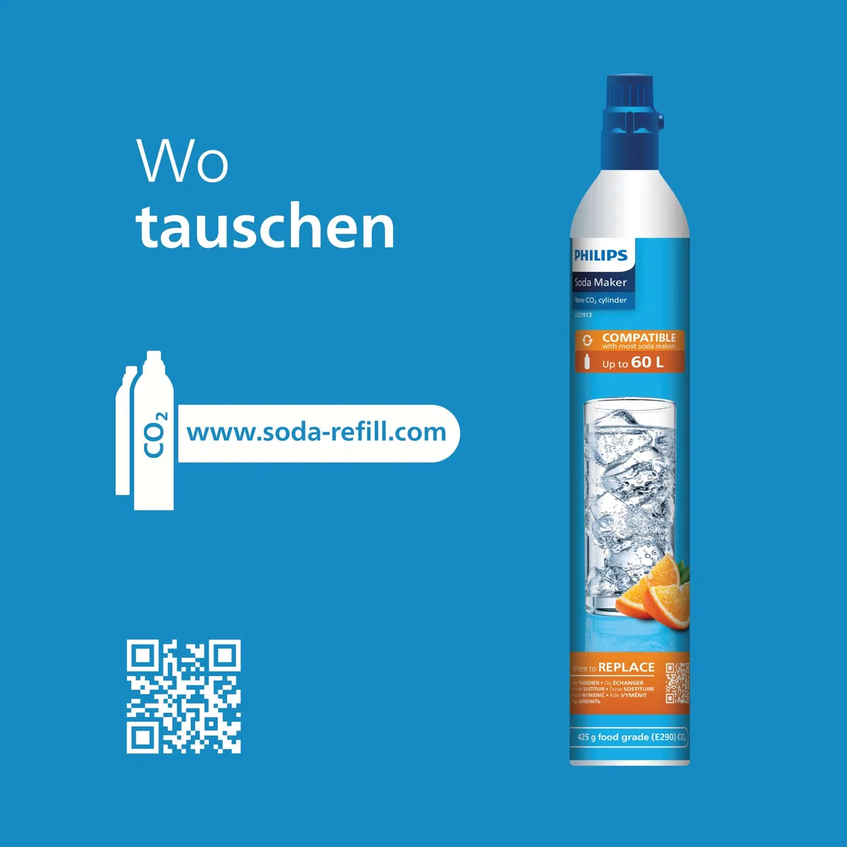Philips Water ADD913/10 Sprudelwasserbereiter CO2-Zylinder, Edelstahl
