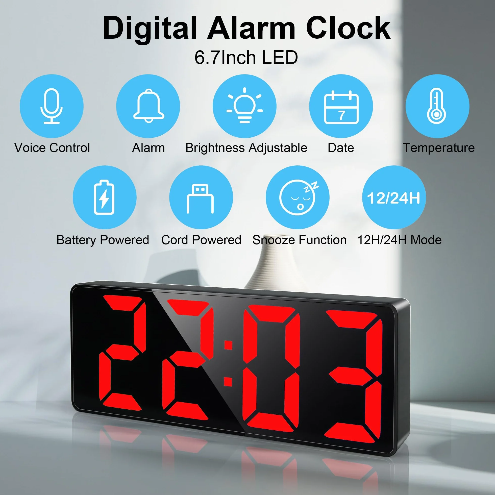 Lafocuse LED Wecker Digital mit Großen Zahlen, Tischuhr Digitaler mit Snooze, Helligkeit Regelbar, 12/24HR für Nachttisch Schlafzimmer Büro, Rot