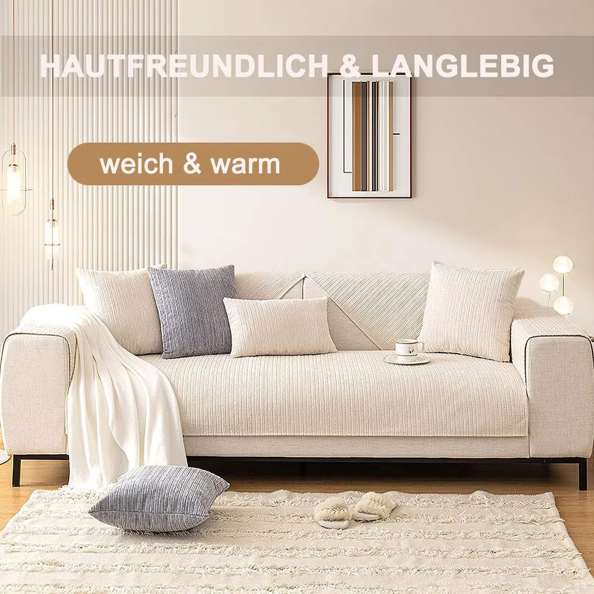 Sofa Überzug rutschfeste, Universal Sofaschoner 1 2 3 4 Sitzer, Waschbar Sofabezug Sofaüberwurf, Weiche Couchüberzug Überwurfdecken für L Form U Form Sektionssofa(Beige, 90x90cm)