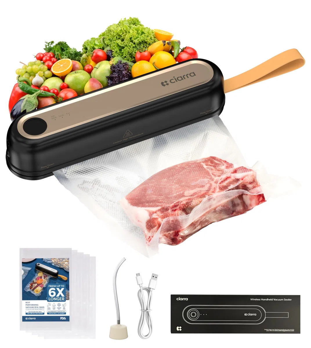 Ciarra Mini Folienschweißgerät, Vakumierergerät für lebensmittel 3 Modi, Automatisches Mini Bag Sealer Versiegelungsmaschine für Trockene und Nasse Lebensmittel (Vakuumiergerät + 5 Stück Vakuumbeutel)