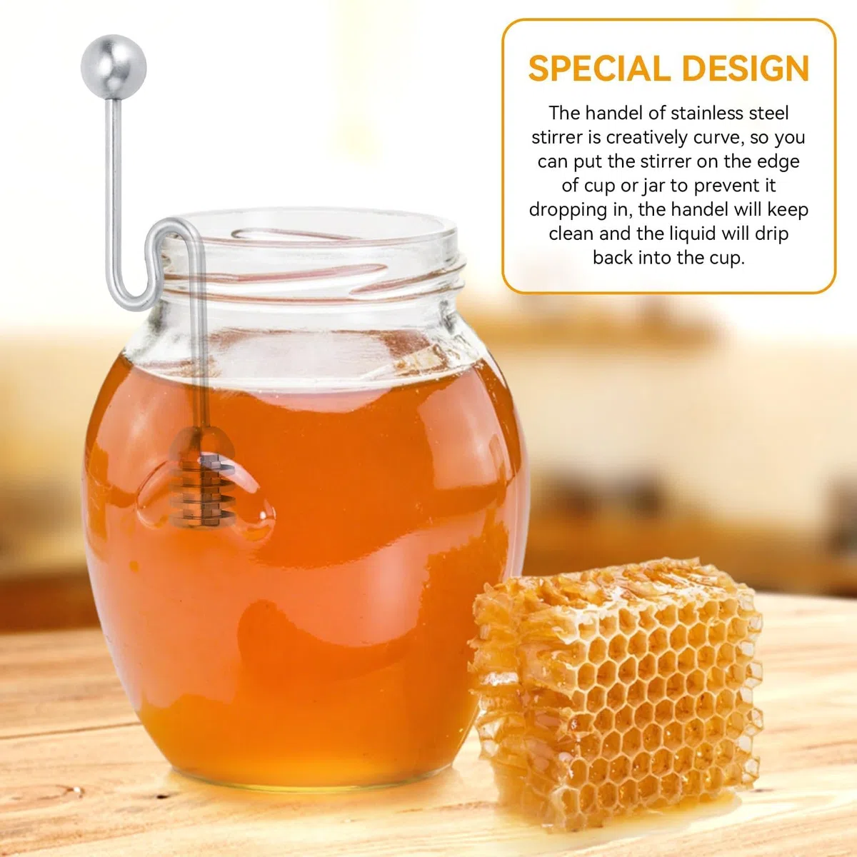 2Pcs Honiglöffel, Honig und Sirup Dipper Gebogene Honiglöffel Wand Rührer Honig Dipper Stick Haushalt Edelstahl Dessert Honig Löffel Rührer Mischstab Honig Kamm Honig Mischen Rührerlöffel