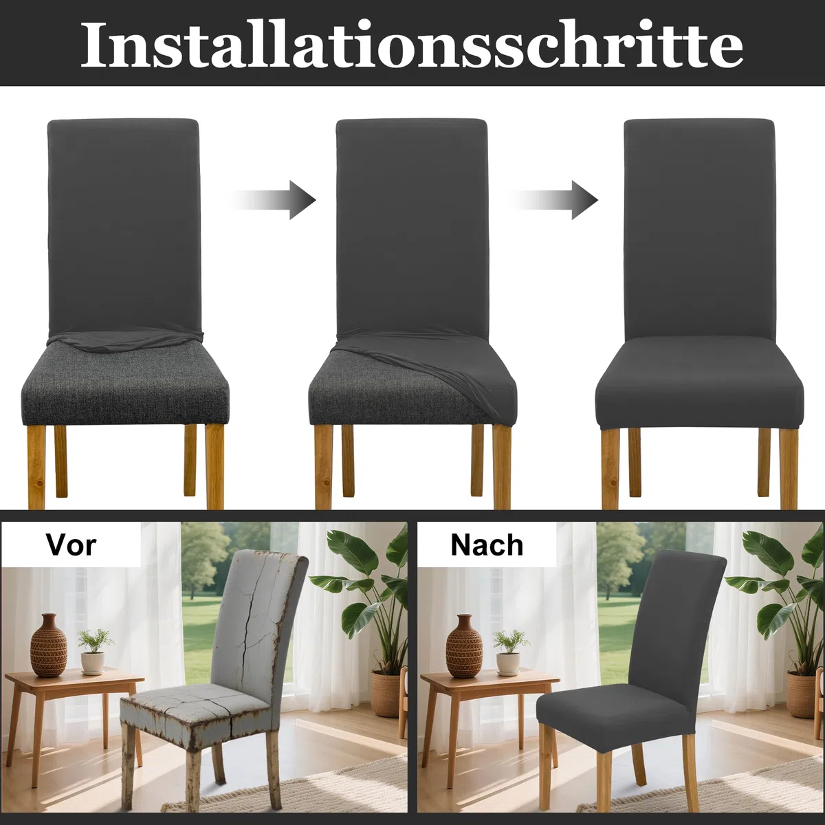 Stuhlhussen Stretch Stuhlbezug Set 4 Stück, elastische abnehmbare waschbare Stuhlhusse für Esszimmerstuhl, Schwingstuhl, Schaukelstuhl, Küche, Wohnzimmer, Büro, Hotel, Restaurant, Bankett