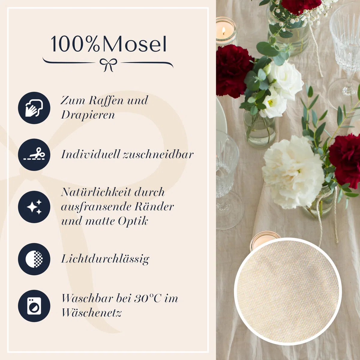 100%Mosel Musselin Dekostoff, in Natural Beige (48 cm x 5 m), 66 g/m², sehr dünner Tischläufer, zarte Tischdeko für Geburtstage & Hochzeiten, Tischband als Bunte Dekoration zu besonderen Anlässen