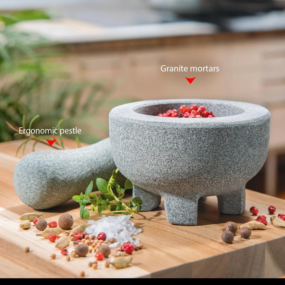 GEFU Granitmörser CRUNCHY Ø 10 cm – Kompakter Natursteinmörser mit Stößel für Gewürze, Kräuter & Pasten