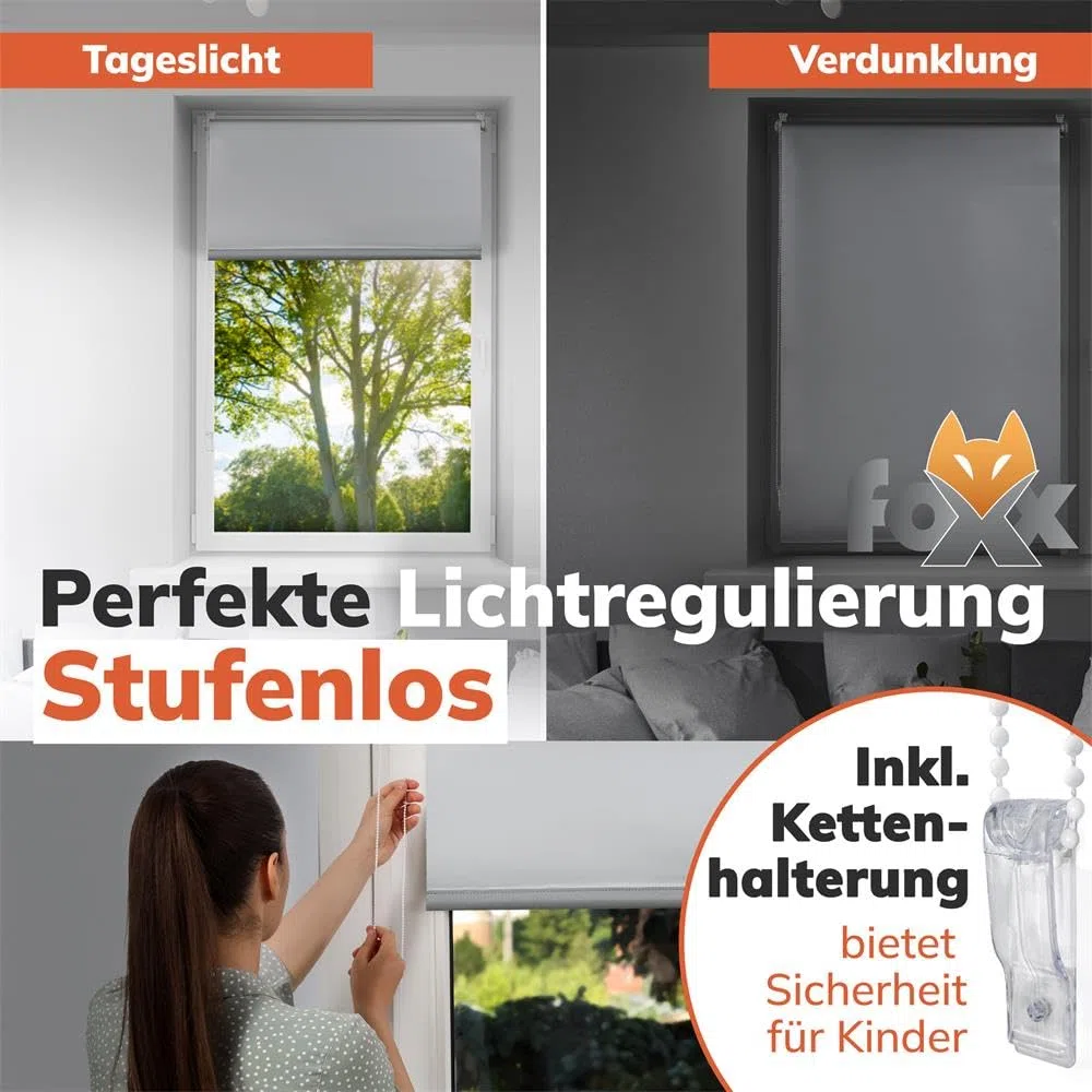FOXX Thermo Rollo [FÜR Fenster OHNE Bohren] 90x140 cm Grau/Innenrollo Verdunklungsrollo als Sichtschutz/Klemmfix Montage/Für Schlafzimmer, Wohnzimmer, Küche, Büro, Kinderzimmer