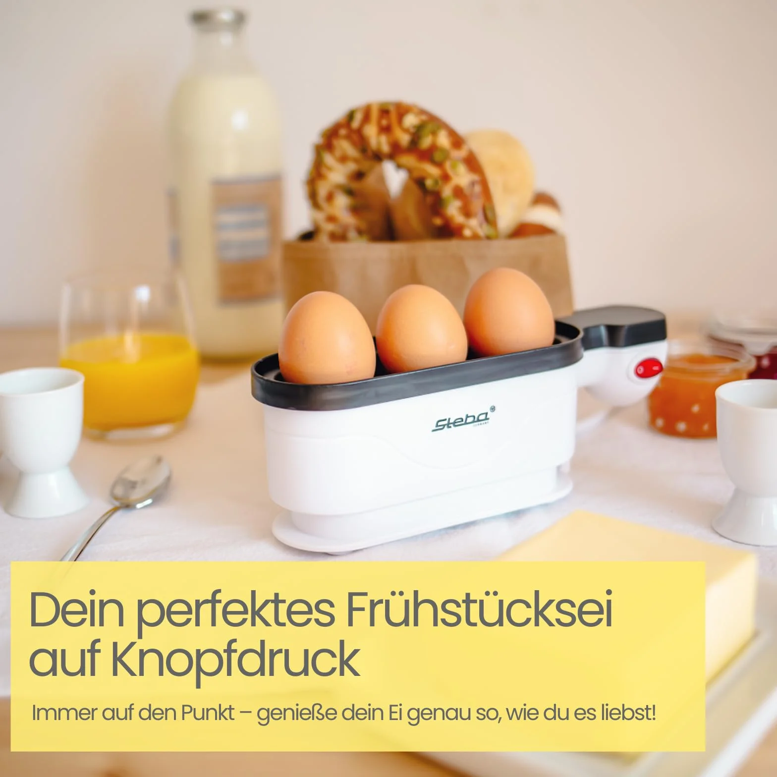 Steba EK 4 Eierkocher, für max. 3 Eier | Kochschale antihaftbeschichtet, Eiertray mit Tragegriff, Messbecher mit Eierpick, 350 Watt