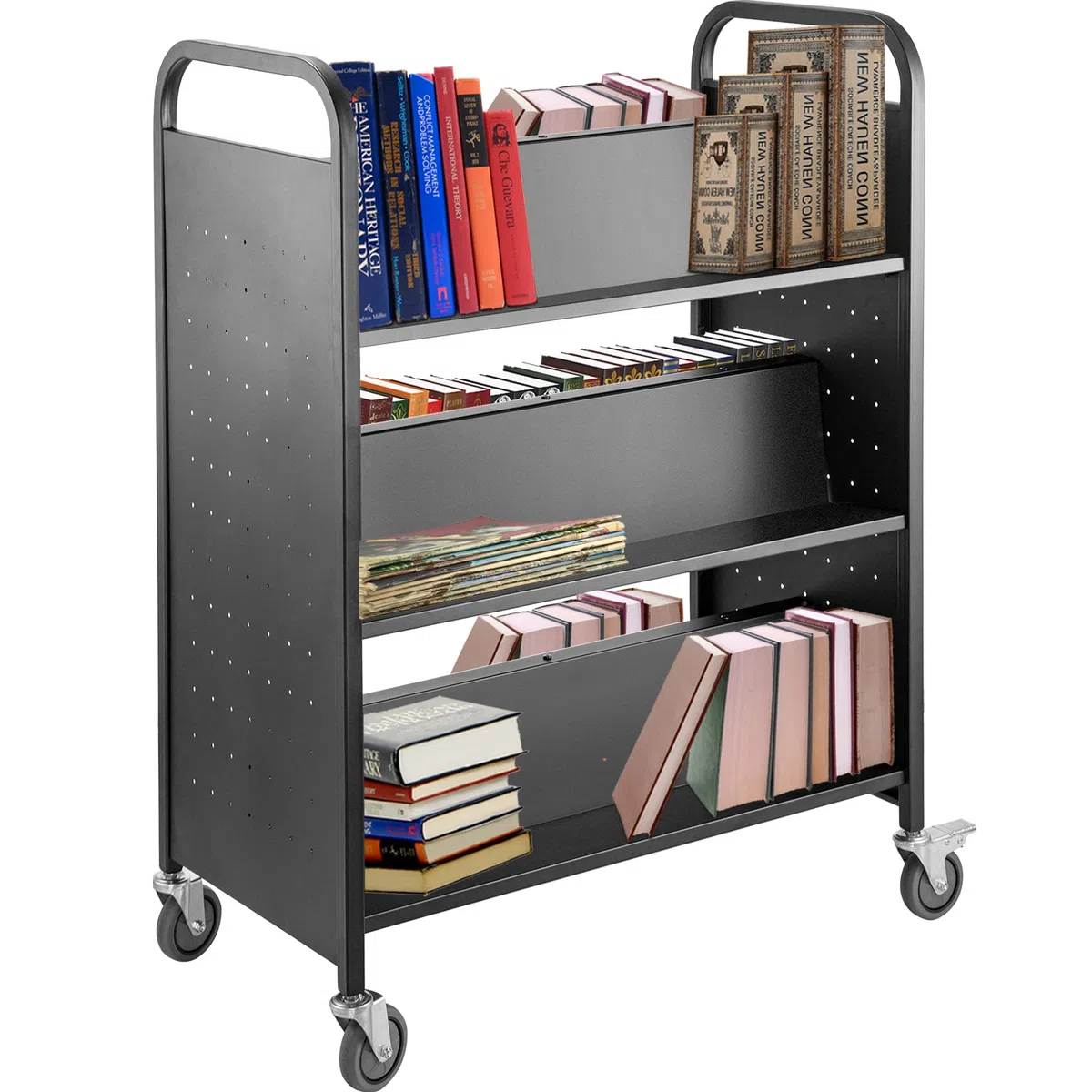 VEVOR Bücherwagen, 90 kg Bibliothekswagen, 125 x 90 x 48 cm Rollender Bücherwagen, doppelseitige, W-förmige, geneigte Regale mit feststellbaren Rädern für Heimregale, Büro, Schule