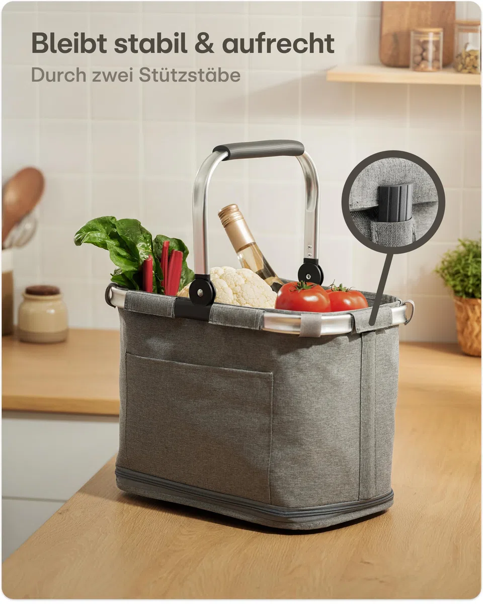 Praknu Einkaufskorb Faltbar Groß – 2 in 1 Erweiterbar 25L auf 35L – Abnehmbarer & Waschbarer Bezug – Stabil mit Alurahmen & Verstärktem Boden – Extra Fächer Innen & Außen – Tragekorb – Grau