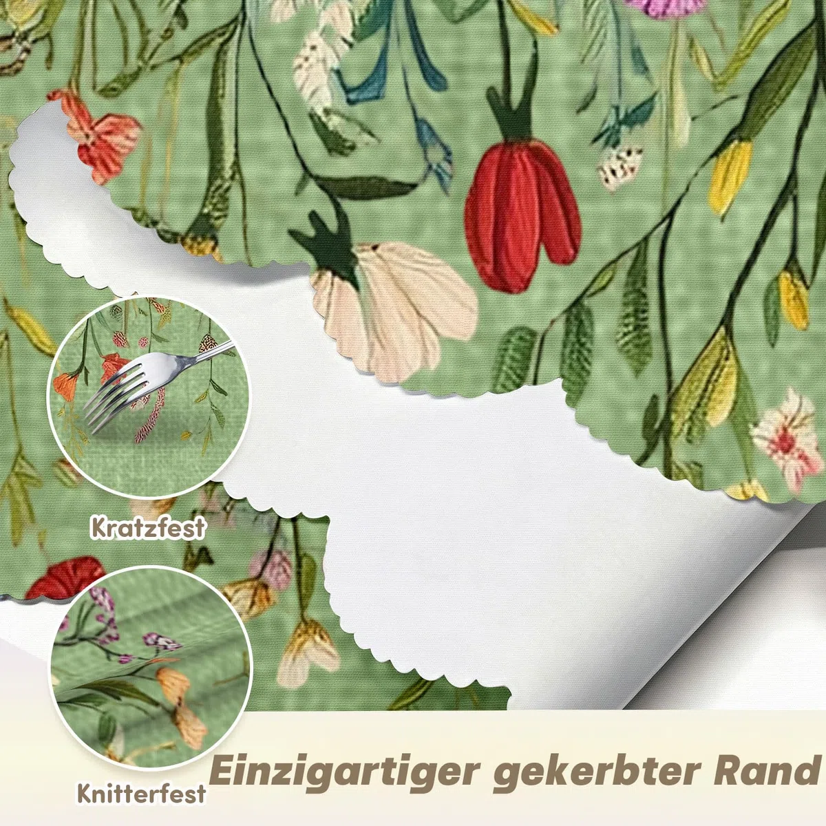 Tischdecke Rund 160 cm Wetterfest Abwaschbar - Polyester Grüne Blumen Muster - Outdoor Tischdecke für Garten Küche Esszimmer Balkon - für 6-8 Personen - Wasserdicht & Langanhaltend