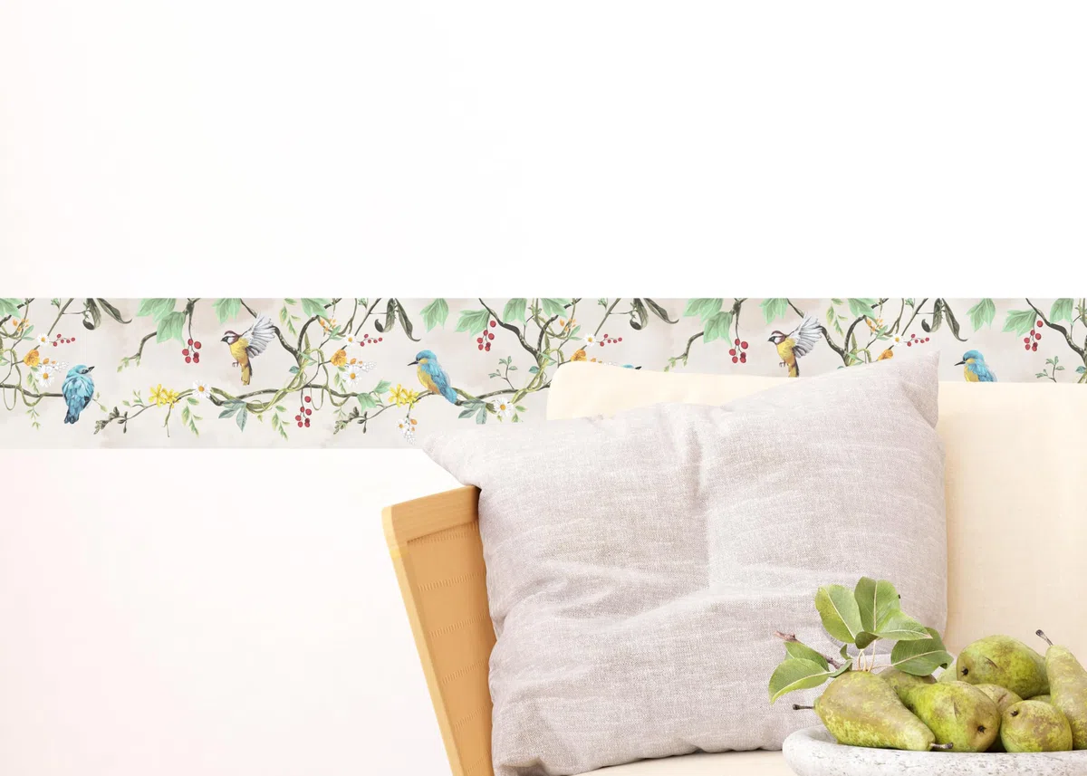 AG Design Selbstklebende Bordüre Beige Frühlingsvögel, AWB 8500 | Wasserfest Dekoration für Wände, Möbel, Tapeten, Wandverkleidungen und Türen, Folie | Breite 500 cm x Höhe 13.8 cm