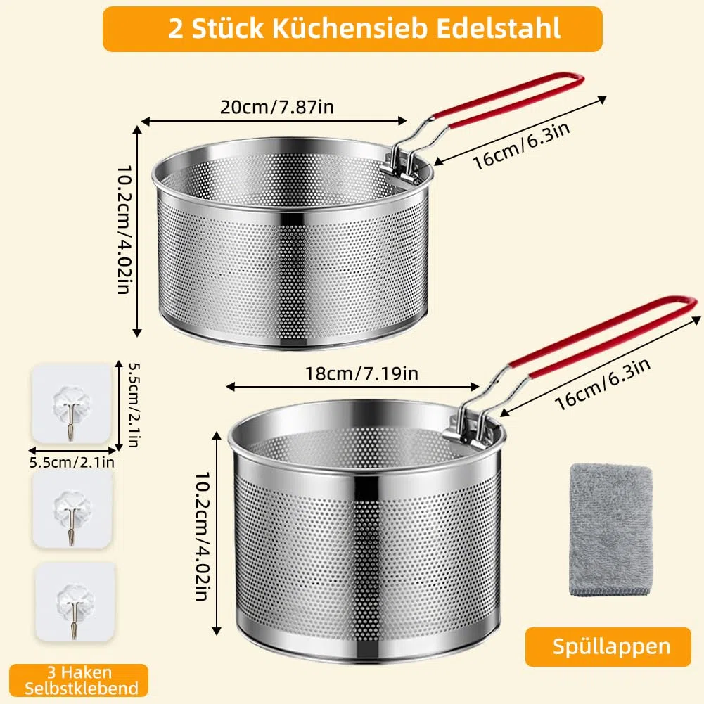 2er-Set Edelstahl Frittierkorb (18+20cm) mit abnehmbarem Griff – Vielseitig als Nudelsieb, Frittiersieb & Siebkorb für Pommes, Gemüse und Nudeln, platzsparend