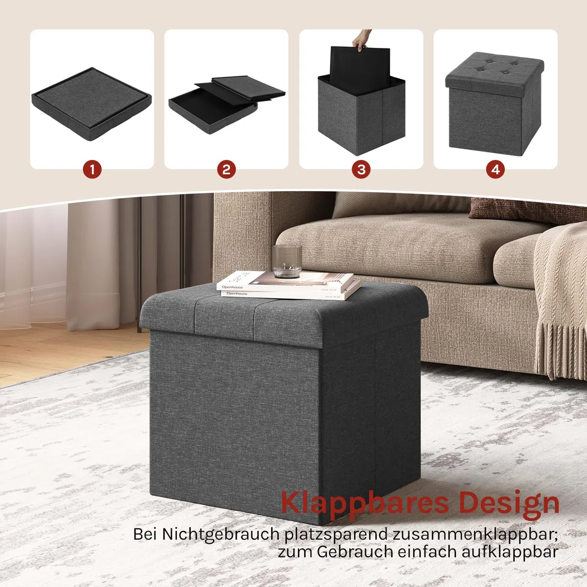 WOLTU® Sitzhocker mit Stauraum Sitzwürfel Sitzbank faltbar Truhen Aufbewahrungsbox, Deckel abnehmbar, Gepolsterte Sitzfläche aus Leinen, 38x38x38CM(LxBxH), Dunkelgrau