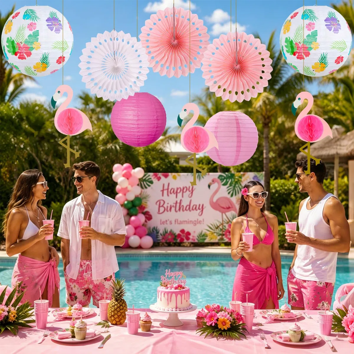 Flamingo Party Deko, Hawaii Party Deko Set mit Papierlaternen, Papierfächer und Flamingo Honeycomb, Sommerparty Deko für Poolparty, Gartenparty, Beach Party, Geburtstag