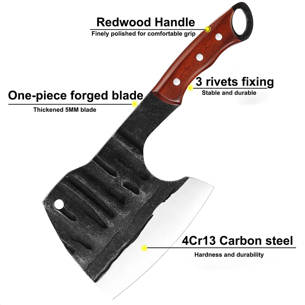 Profi-Küchenbeil mit Holzgriff, Full Tang Küchenbeil mit Lederscheide, Scharfes Metzgermesser aus hochwertigem Kohlenstoffstahl, Hackmesser für Knochen,Messer Outdoor Schwerstarbeit