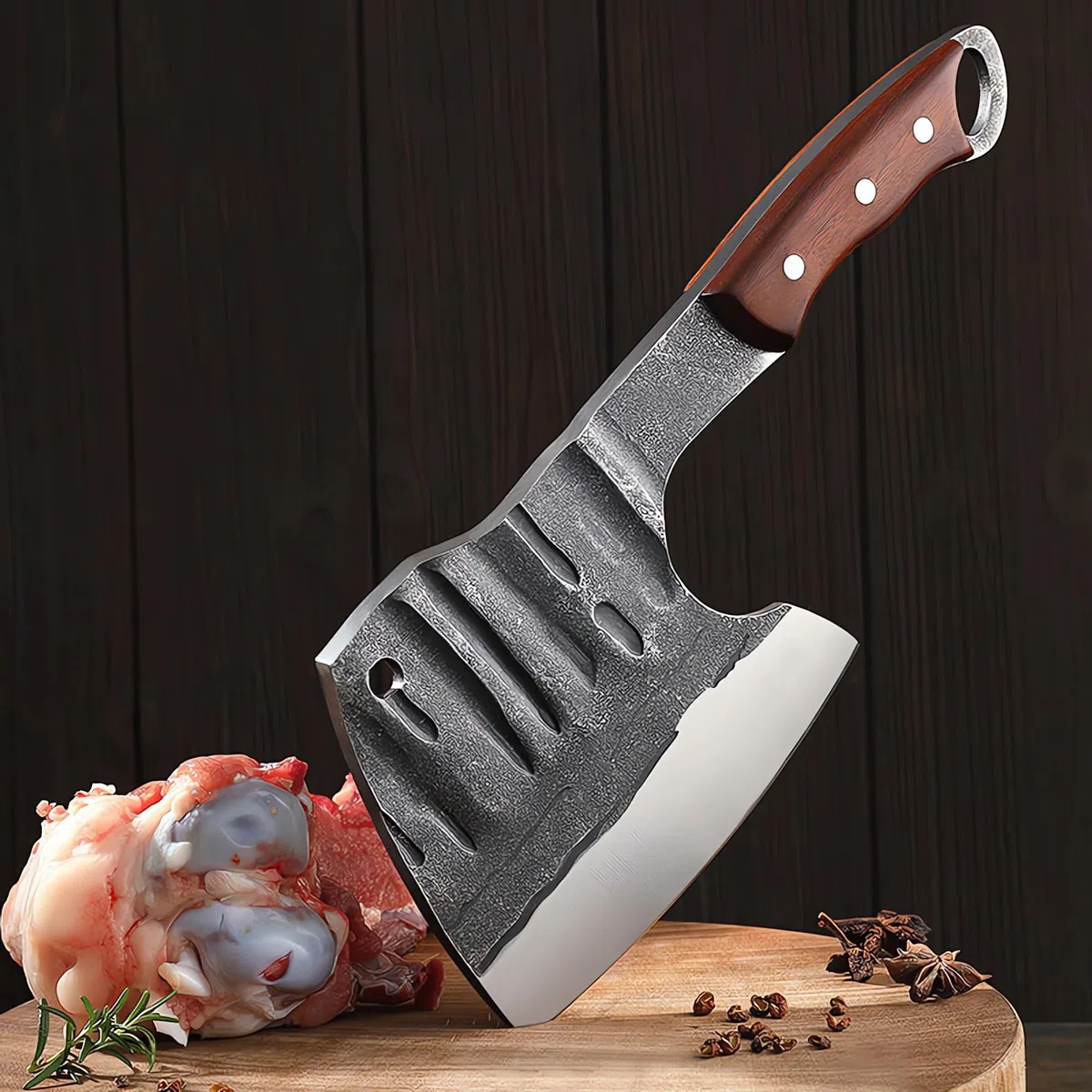 Profi-Küchenbeil mit Holzgriff, Full Tang Küchenbeil mit Lederscheide, Scharfes Metzgermesser aus hochwertigem Kohlenstoffstahl, Hackmesser für Knochen,Messer Outdoor Schwerstarbeit
