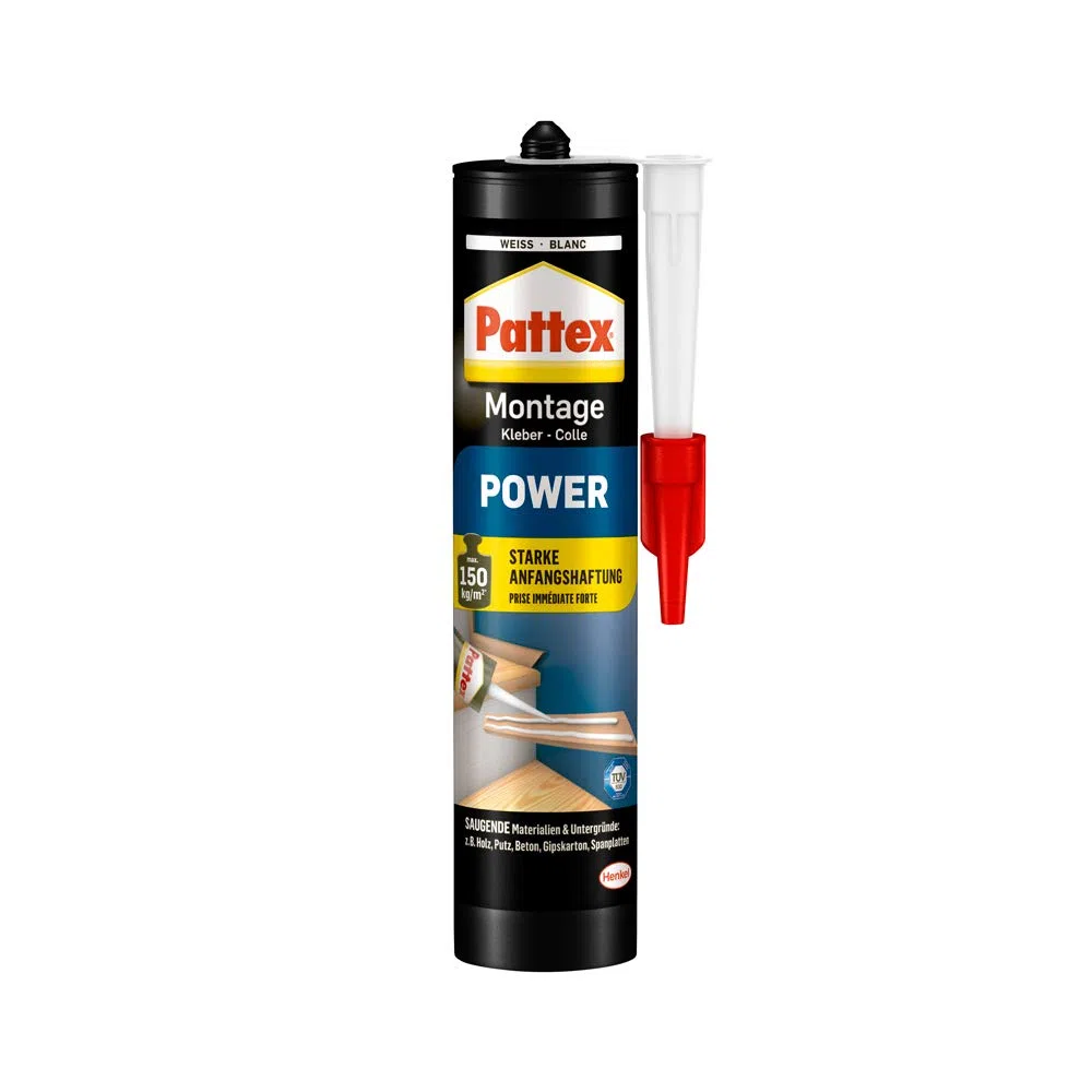 Pattex Montagekleber Power & Pattex Profi Metall Kartuschenpistole, aus Metall für Dicht- & Klebstoff-Kartuschen, Kartuschenpresse mit automatischem Nachlauf- und Schnellstopp, 1 Pistole