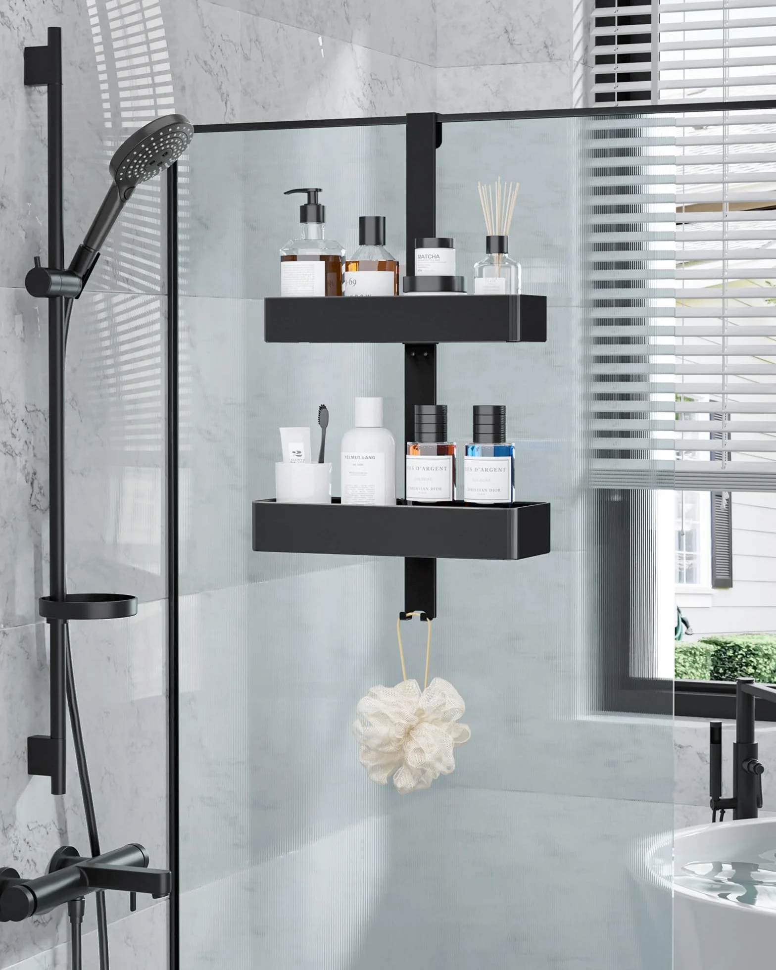 Kitsure Duschregal ohne Bohren - 2-stöckiges Duschablage, rostfrei & vielseitig Duschablage ohne Bohren, praktisches Duschregal für Shampoo, Handtuch & Abzieher, 29,1 x 11,2 x 5,1cm, Schwarz
