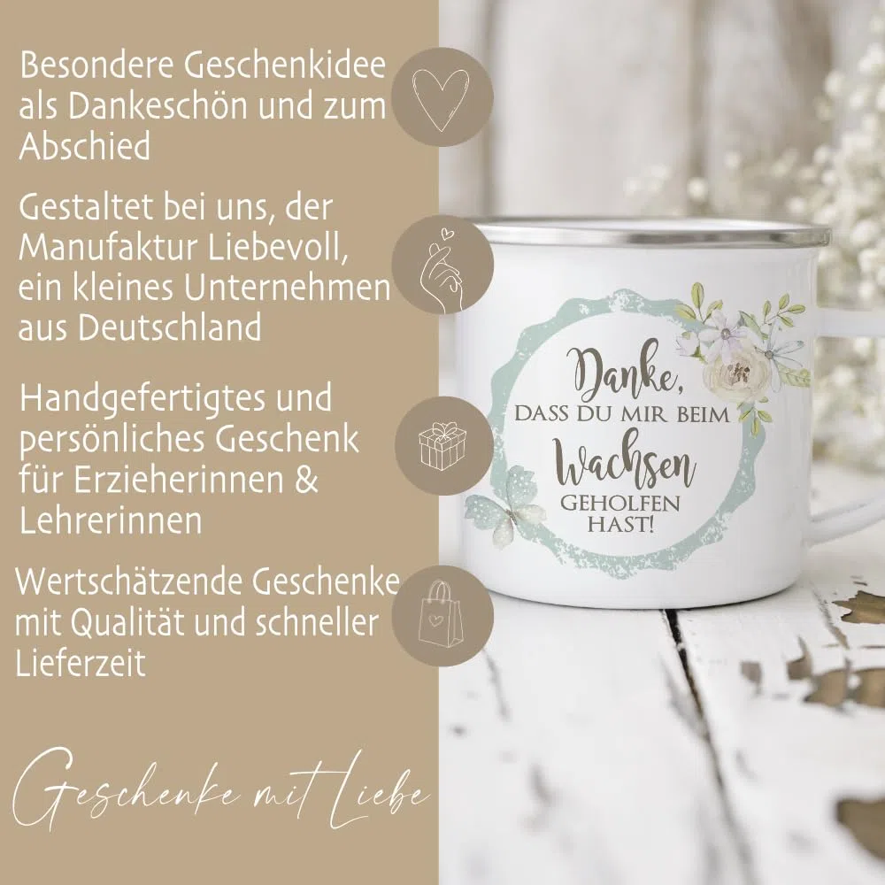 Geschenk für Erzieherin und Tagesmutter - Dankeschön Tasse mit Geschenkanhänger und Spruch "Danke, dass du mir beim Wachsen geholfen hast"