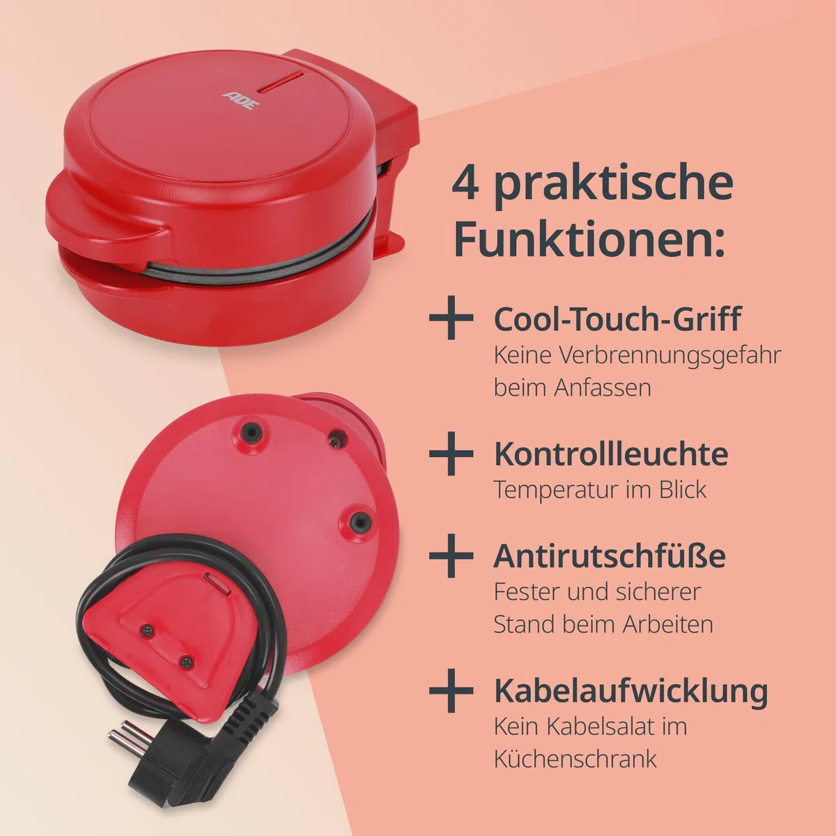 ADE Mini Waffeleisen Herzform | kleines Waffeleisen für 1 Person | Antihaftbeschichtung | 550 Watt | ideal für Geburtstag & Frühstück | rot