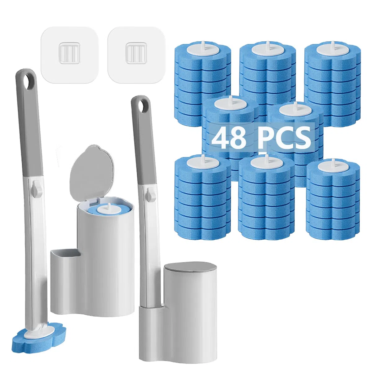 Einweg Toilettenbürste，2er Set verlängertem Griff und Halter-Set WC-Bürsten，Klobürste mit 48 Stück Reiniger Nachfüllungen für Badezimmerreinigung，Waschbecken，Badewanne - Blau(Ocean Fresh Duft)