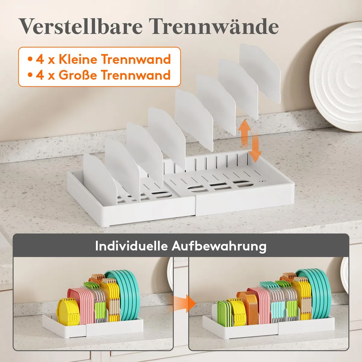Lifewit Deckelhalter erweiterbar von 25-44 cm, Deckel Organizer aus Kunststoff, Schubladen Organizer Küche für Frischhaltedosendeckel, Aufbewahrungsbox für Deckel mit 8 verstellbaren Trennwänden, Weiß