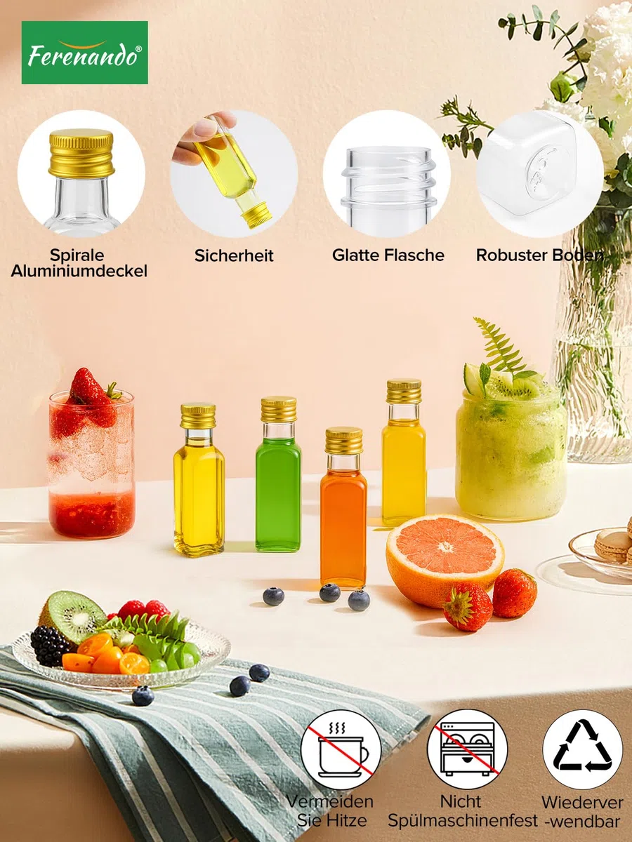 54 Stk 25ml Kleine Flaschen zum Befüllen Kunststoff mit Aluminiumdeckel, Kleine Schnapsflaschen zum Befüllen, Wiederverwendbare Mini Flaschen Likörflaschen mit Etikett für Hochzeiten Party
