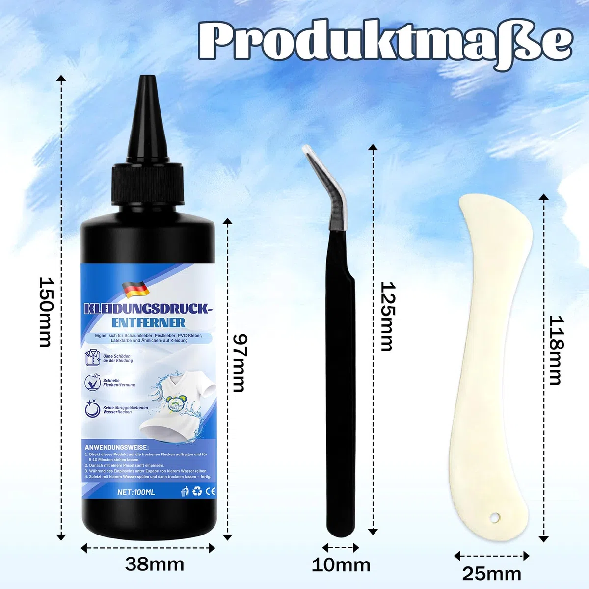 Flexentferner, Flockentferner Entferner Cleaner – Lösungsmittel zum Entfernen von Flex & Flock, Mit Schaber aus Kuhknochenimitat & Pinzette, Schonend für Textilien, 100ml