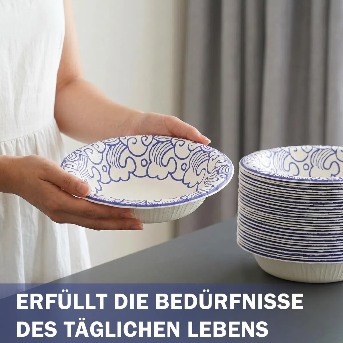Suppenschalen Einweg 470 ml, 30 Stück, dicke Pappschüsseln mit Blau-weißes Porzellanmuster, mikrowellengeeignet und auslaufsicher, für Zuhause, Party, Picknick & Familienfeier