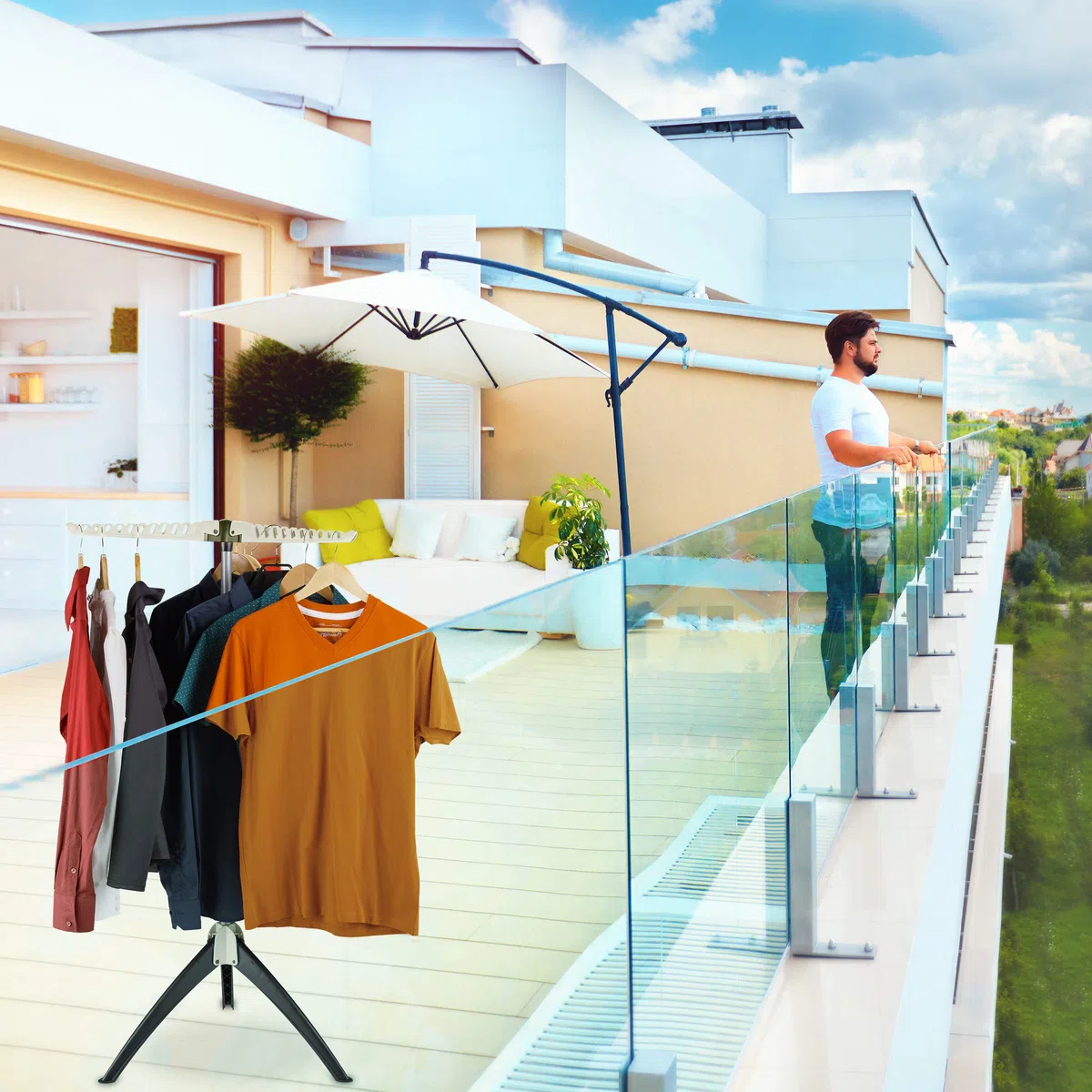 Relaxdays Hemden Wäscheständer, für 33 Kleiderbügel, klappbar, platzsparend, Bügelwäscheständer HBT: 128x66x66 cm, weiß