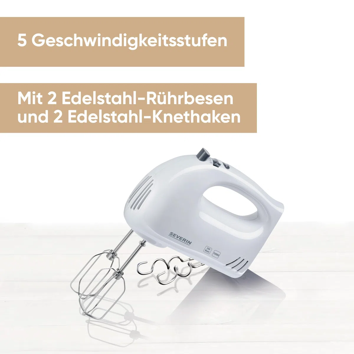 SEVERIN Handmixer, Handrührgerät mit 5 Geschwindigkeitsstufen, praktischer Handrührer mit 2 Edelstahl-Rührbesen und -Knethaken, weiß, HM 3820