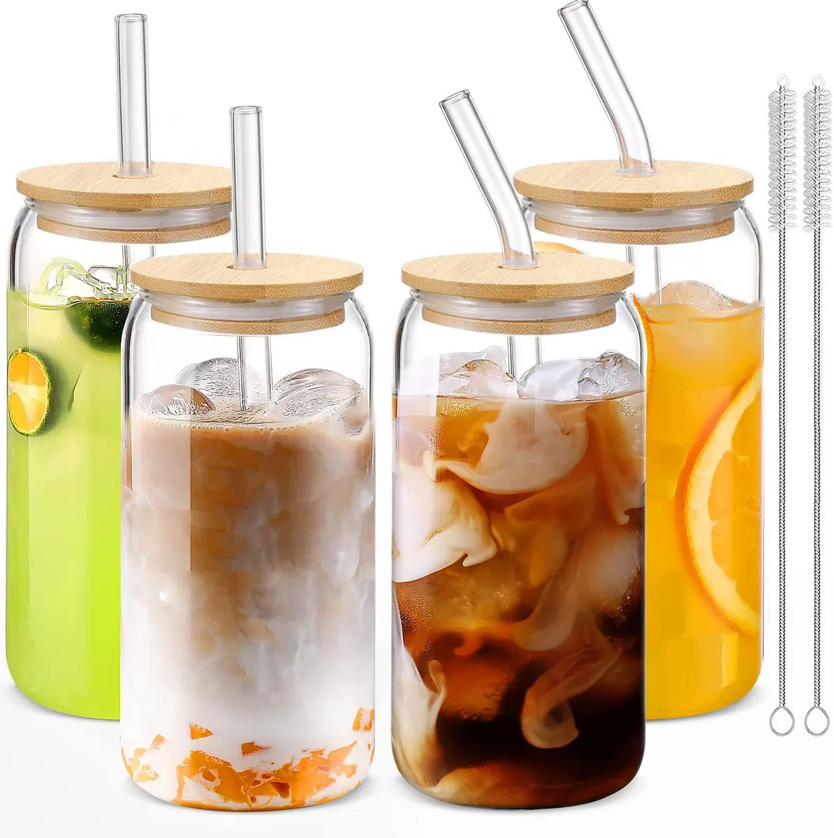 4er Set Glas mit Deckel und Strohhalm, 500ml Trinkgläser mit Deckel, Cocktailgläser Glasbecher,Iced Coffee Glas,Trinkbecher,Ideal für Cappuccino,Eiskaffee,Smoothie,Latte,Limonaden,Geschenk