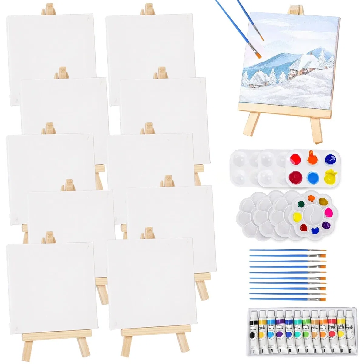 10 Stück Mini Leinwand mit Mini Staffelei, Kleine Leinwände mit Staffelei Klein, 10 Pinseln&12Acrylfarben&7 Farbtablett, 10x10cm Tischstaffelei Holz Leinwand Ständer Set für Malerei zum Zeichnen
