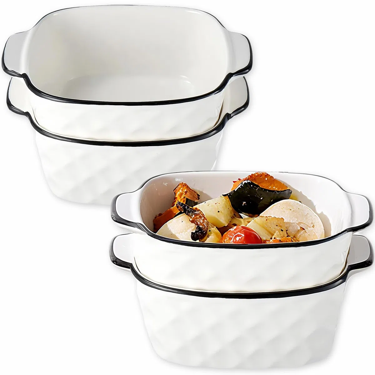 4er Set Keramik Auflaufform, 400ML Auflaufform Klein, 14.5 x 11.5 x 5.5 cm Quadratische Backformen, Grillpfanne mit Griffen, Kleine Backform für Airfryer, Backofen (Rautenquadrat-Teller)