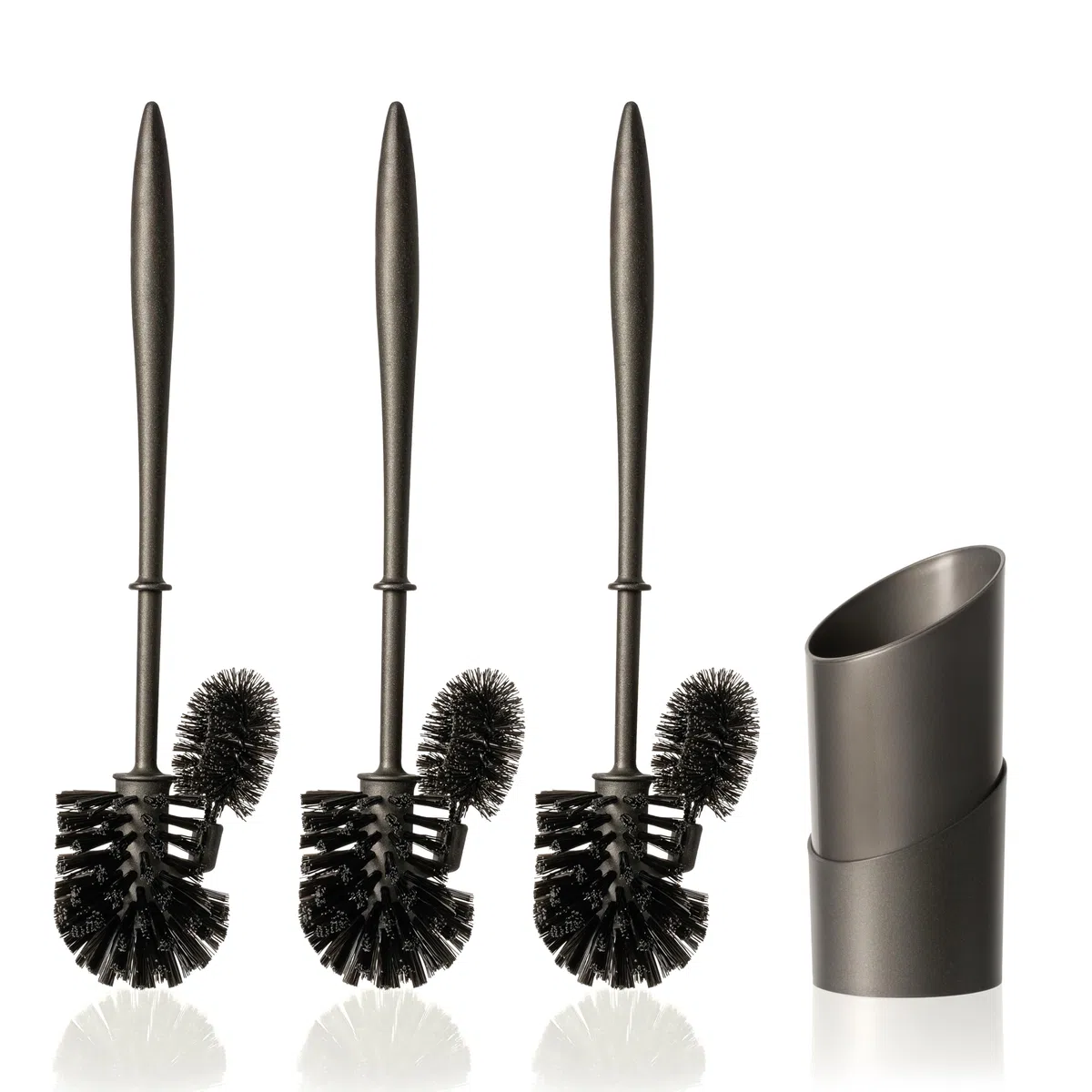 Hausfelder Klobürste, 4er Set, Schwarz | Klobesen Set mit Behälter, Halter & 2 Ersatzbürsten, schwarze Klobürsten / Toilettenbürste / WC Bürste mit Randreiniger