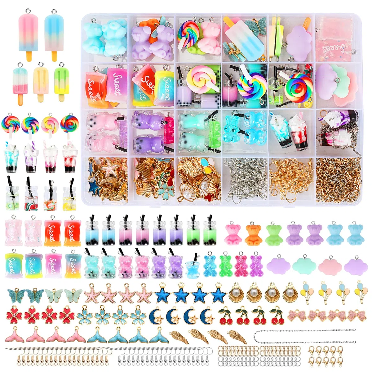 UCAMP 161 Stück Charms Anhänger Set，Schmuck Selber Machen Set,Geschenke für Mädchen,Schmetterling Gummibärchen Halskette,Anhänger aus Harz für Ohrringe Armband Halskette Schlüsselanhänger