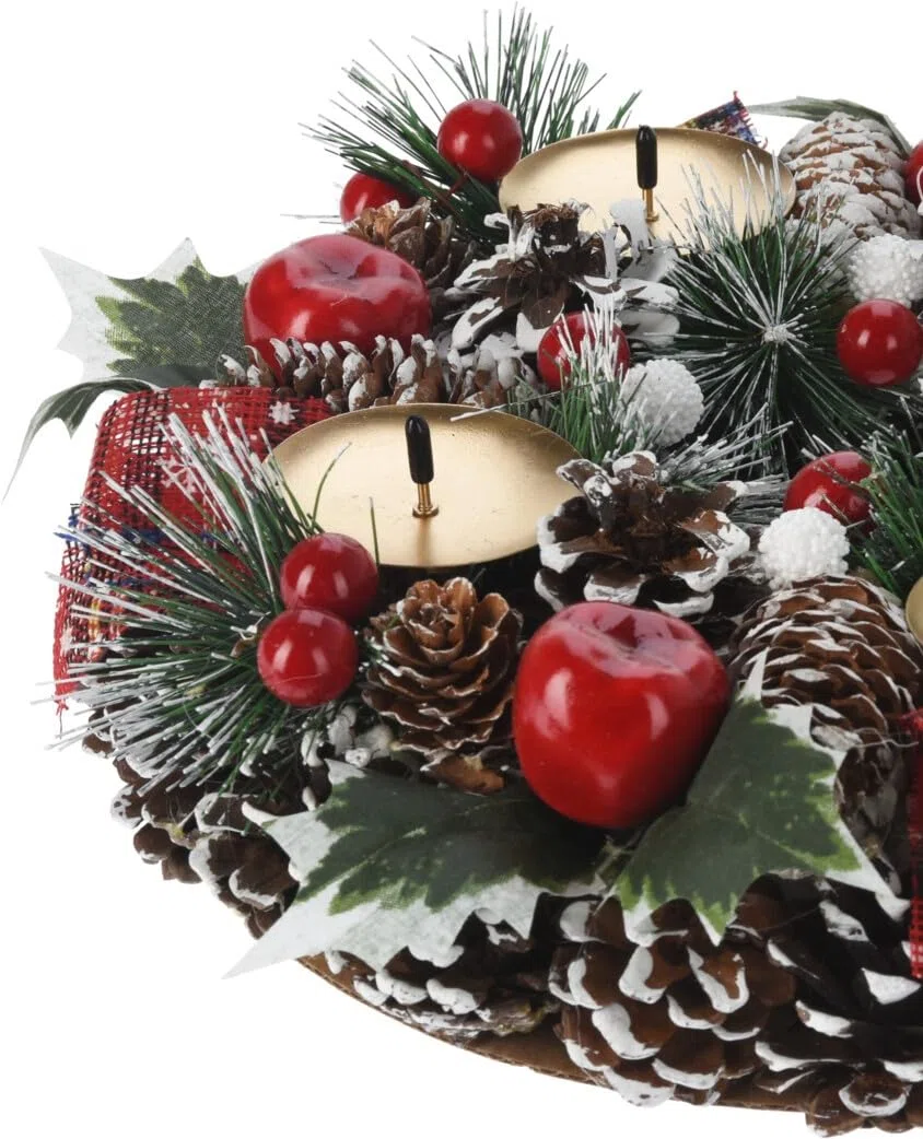 Bambelaa! Künstlicher Adventskranz mit 4 Kerzenhaltern in Gold Geschmückt Tannenzapfen roten Beeren 27cm - 40 cm (Braun, 27 cm)