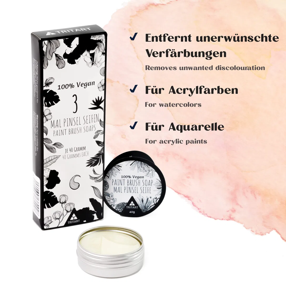 Tritart Pinselreiniger für Acrylfarbe und Aquarell - 3er Set -Künstlerseife und Malpinsel Reiniger | 3x 40g vegane Pinselseife für Künstler