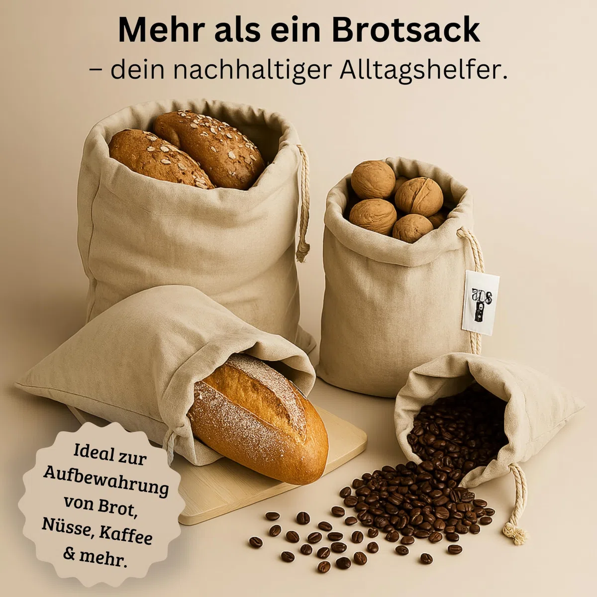 Brotbeutel 3er-Set | Wiederverwendbare Leinenbeutel aus 100% Naturhanf | Plastikfrei, Waschbar & Robust | Brotsack Ideal für Lebensmittel und Brotaufbewahrung