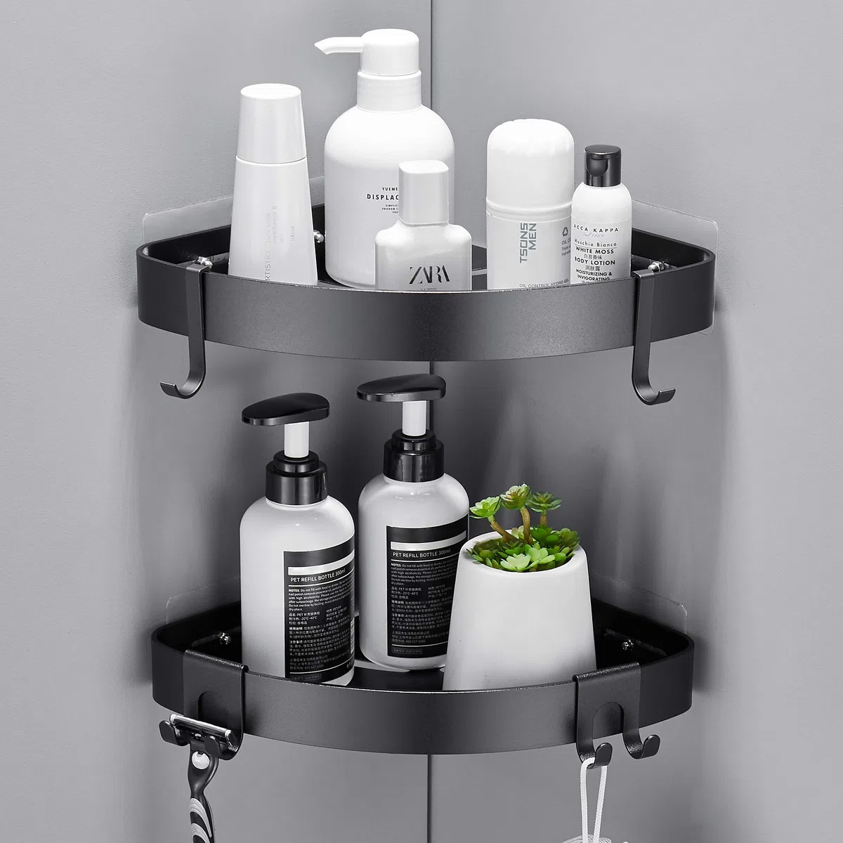 Duschregal Ohne Bohren Duschablage Schwarz Eckregal, Dreieck Duschkorb, Badezimmer Regal Badregal, Dusche für Bad Küche Toilette, Aluminium, 2 Stück