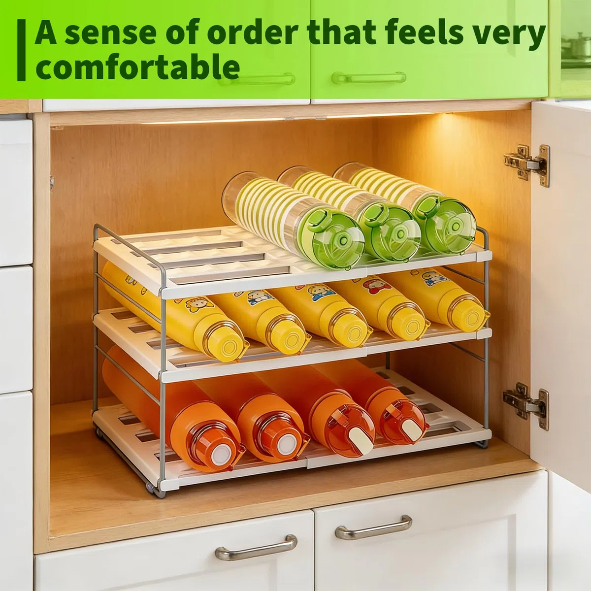 Raxfekro ausziehbarer Flaschen Organizer für Kühlschrank, Schrank und Küche, Flaschenregal mit verstellbaren Fächern für Wasserflaschen, Thermosflaschen und Getränke (26.5–42 cm)