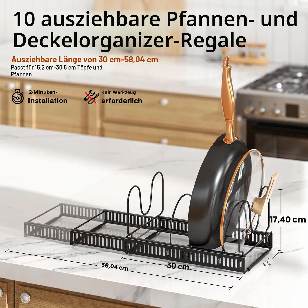 MUDEELA Töpfe und Pfannen Organizer, Erweiterbarer Küchenschrank Organizer mit 10 Verstellbaren Fächern Ideal für Schneidebretter, Gusseisenpfannen und Kochzubehör Topfdeckelhalter, Schwarz