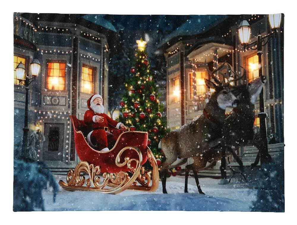 zeitzone LED Bild Weihnachtsmann Schlitten Rentiere Weihnachten Leinwand Wandbild 28x38cm