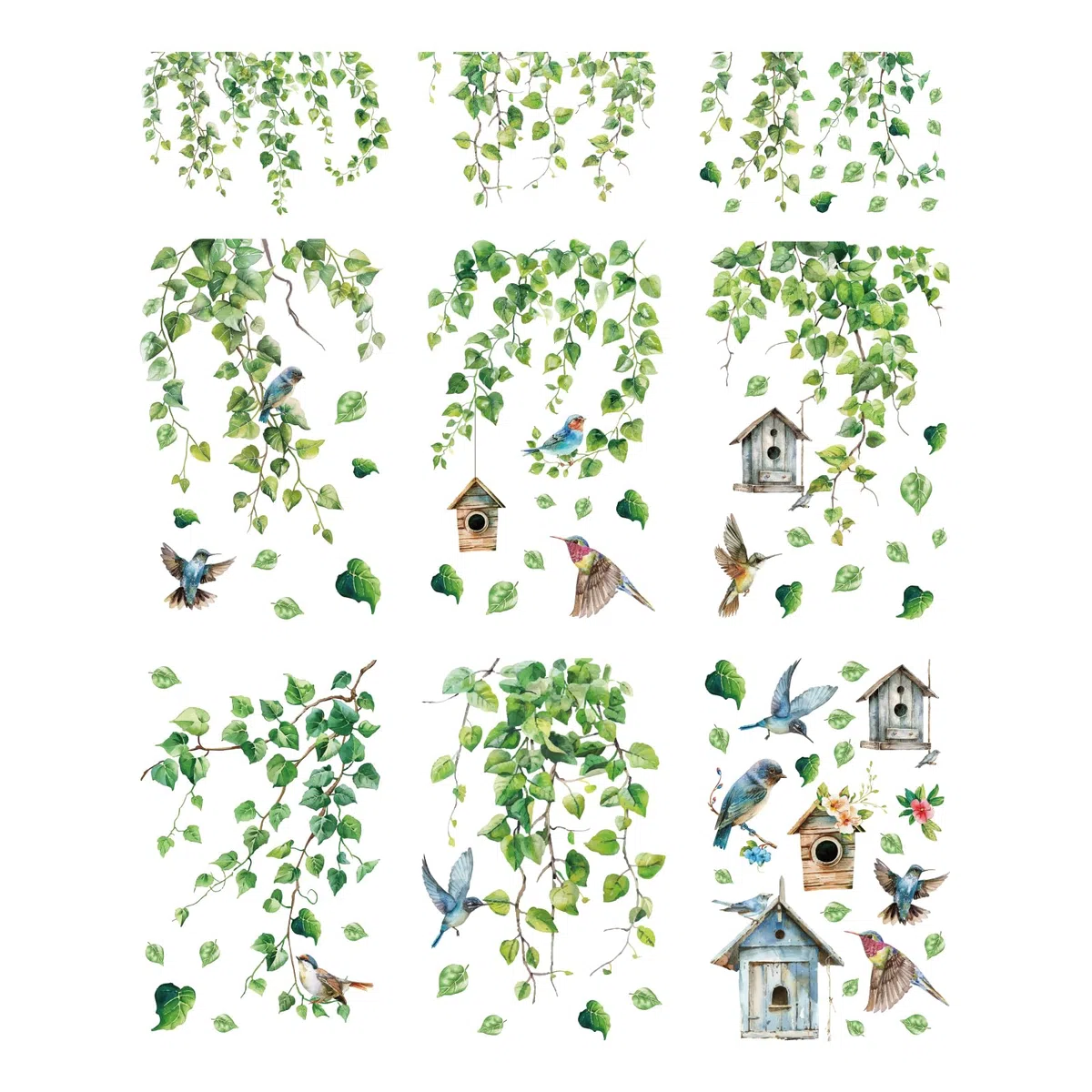 PLIGREAT 9 Blätter Hängende Grüne Rebe Fensterklammern Vögel Blumenkäfig Fensteraufkleber Selbstklebende DIY Aufkleber für Schlafzimmer Home Fenster Dekor Store Display Glastür Dekorativ